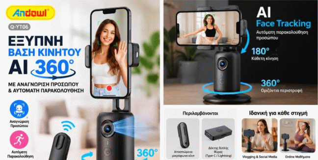 26,90€ για μία Έξυπνη Βάση Κινητού AI 360° Andowl με Αναγνώριση Προσώπου, Αυτόματη Παρακολούθηση & Τηλεχειριστήριο, με παραλαβή από την Idea Hellas και δυνατότητα πανελλαδικής αποστολής στο χώρo σας.Κωδ:230.21690F